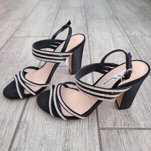 Nina New York Women's Black Rhinestone Strappy Block Heel Sandal Shoes Size 7